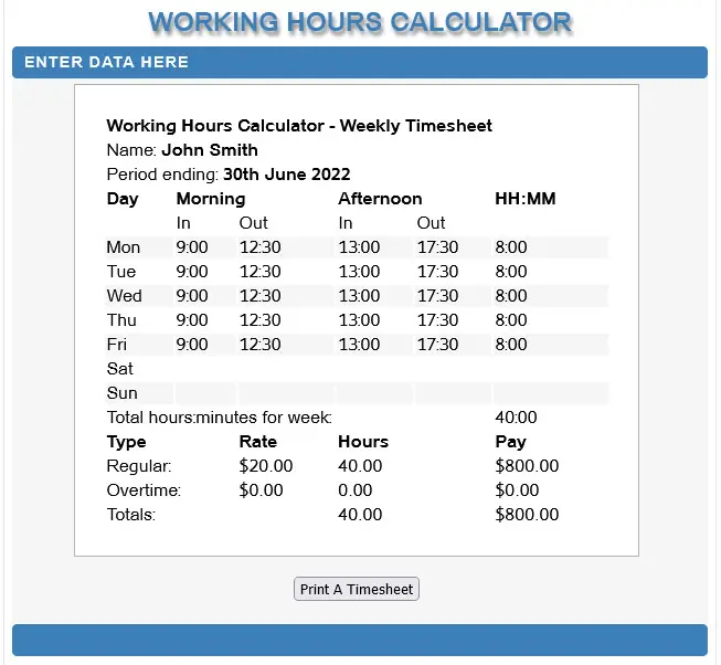 Working Hours Calculator